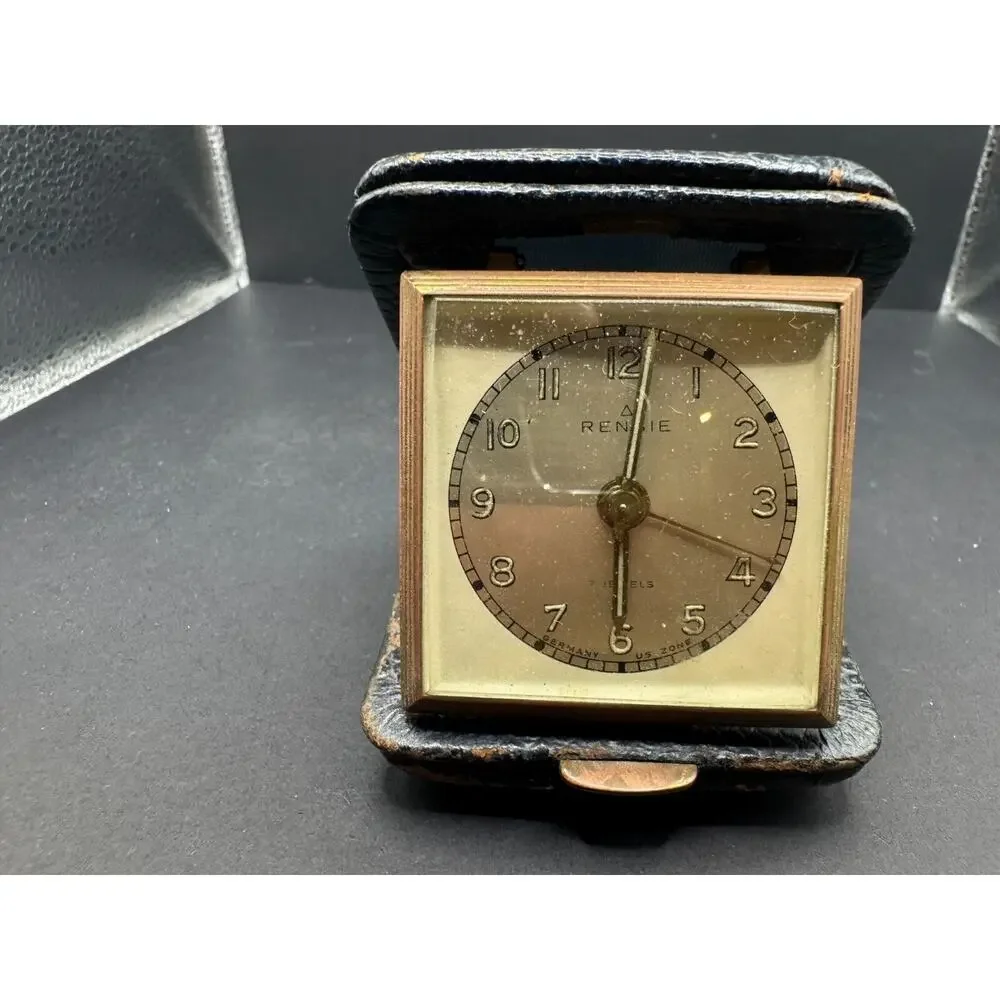 Vintage Rensie Germany Travel Alarm Clock 7 Jewels Genuine Leather Case